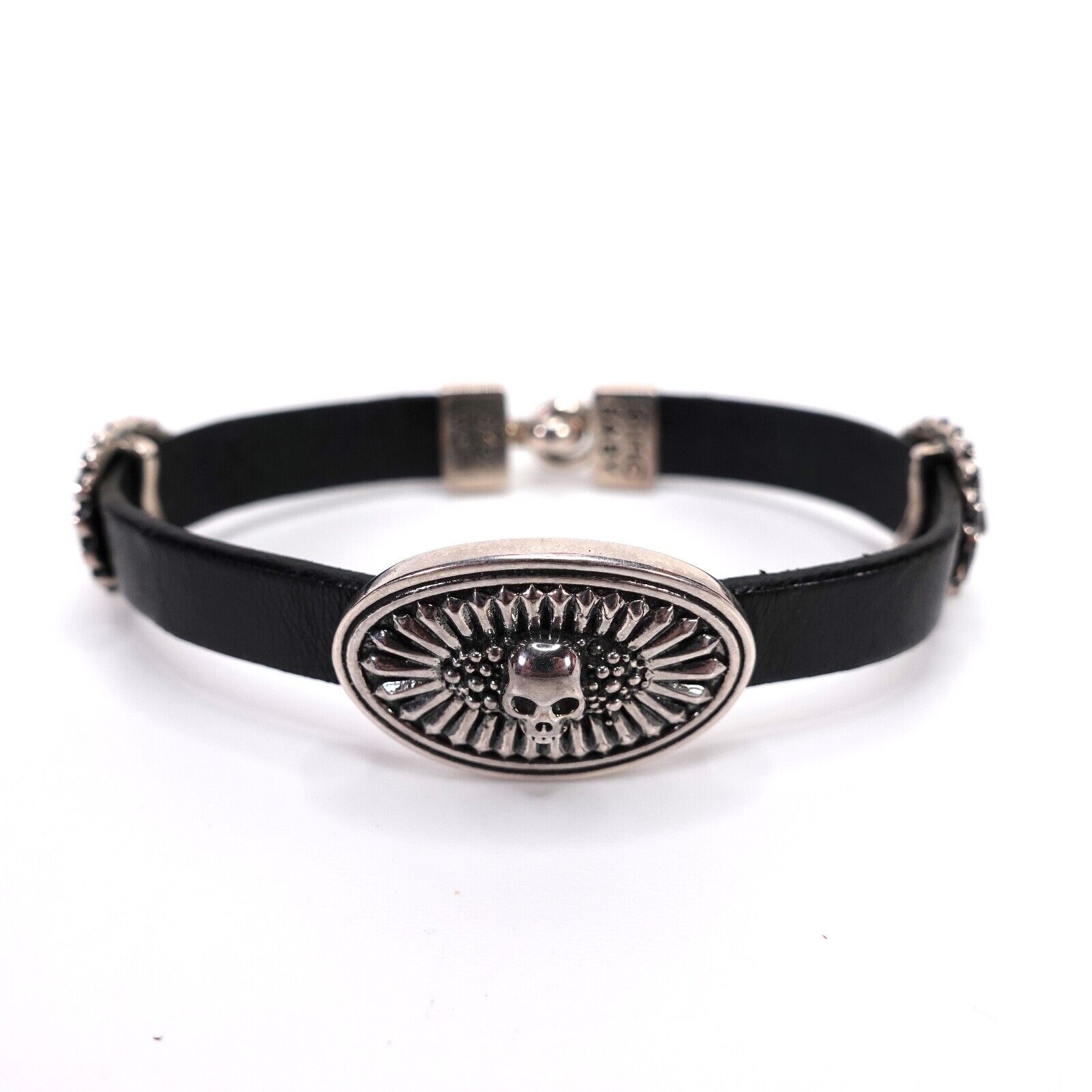King Baby Skull And Mb Cross Black Leather Bracelet With Hook Clasp 925 Usa 500$
